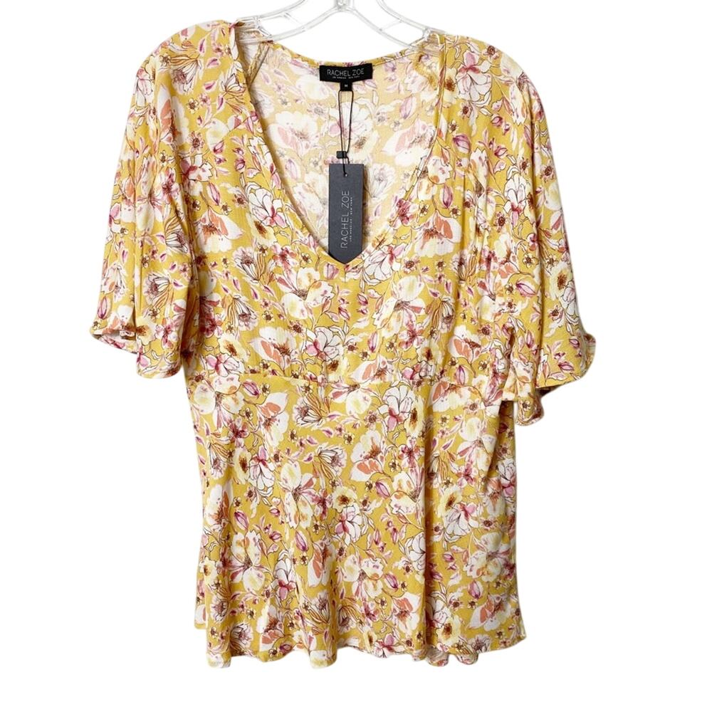 RACHEL ZOE Los Angeles Flower Print Yellow Women Viscose Top Size Medium NEW